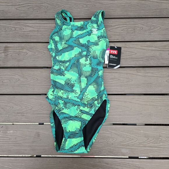 TYR Durafast Lite YOUTH Girls VESUVIUS MaxBack 1pc Swimsuit - Green Size 24 New - Picture 1 of 2